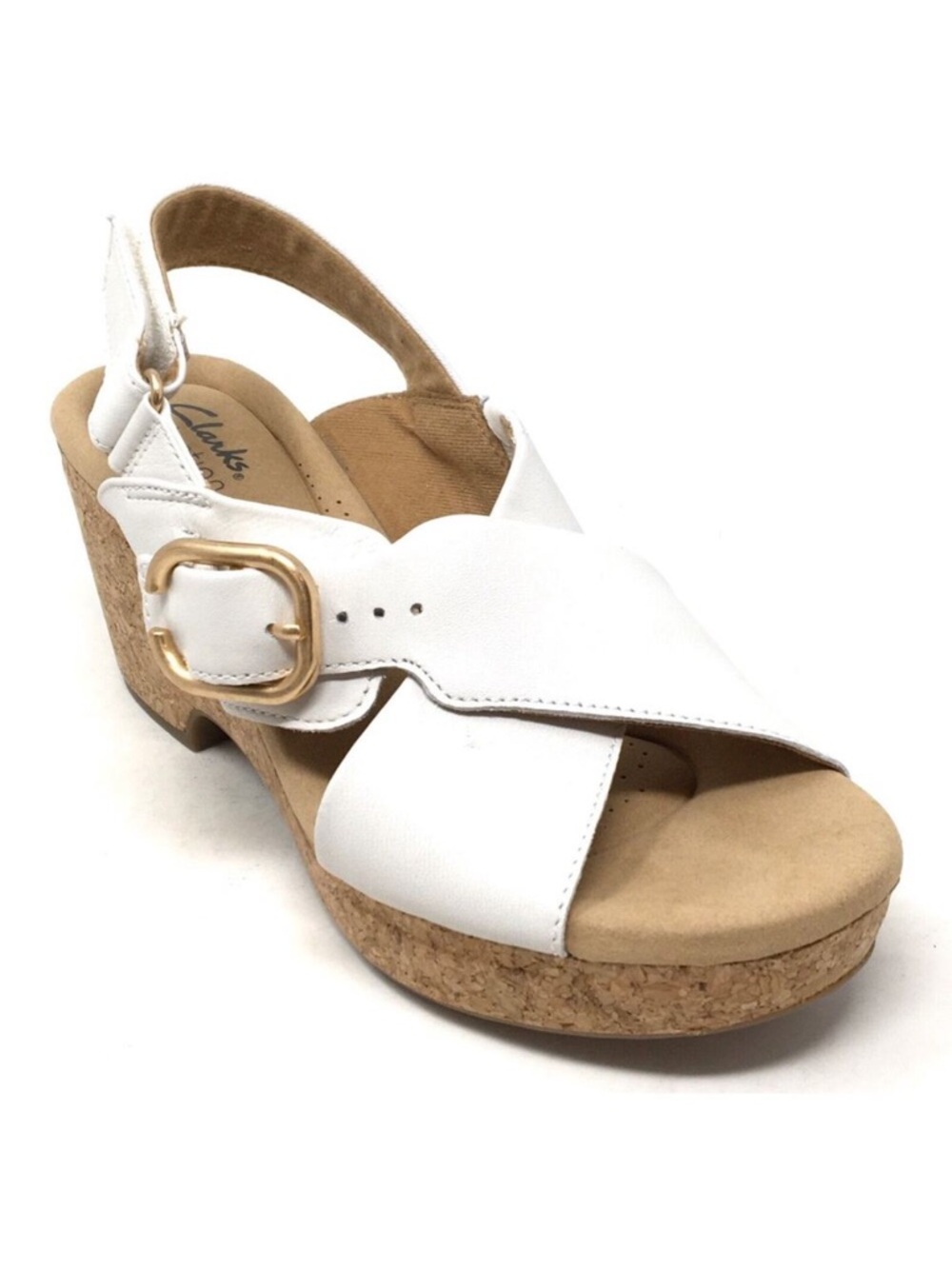 NWOT - Clarks White Leather Cork Wedge Sandal with Gold Buckle